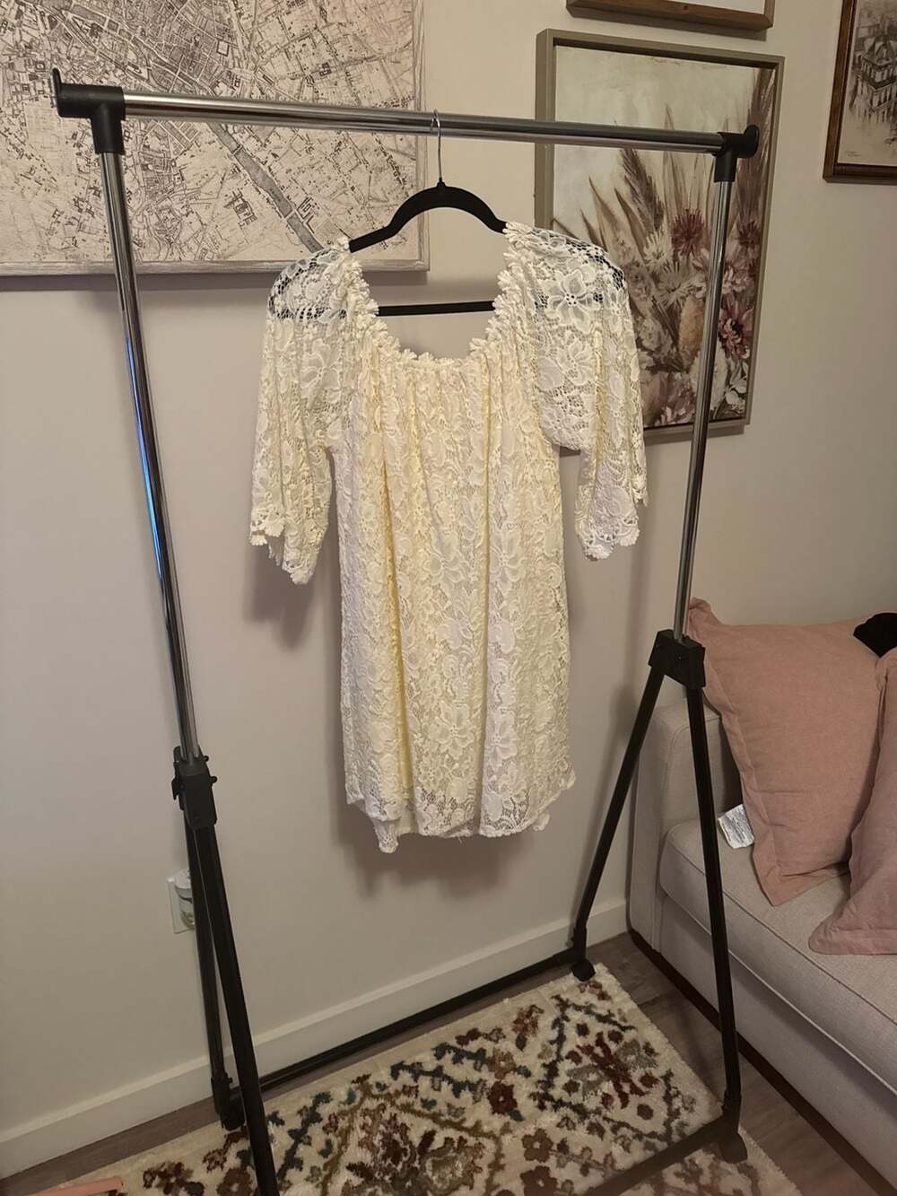 Altar'd State Ivory Lace Off-the-Shoulder Boho Mini Dress Size M